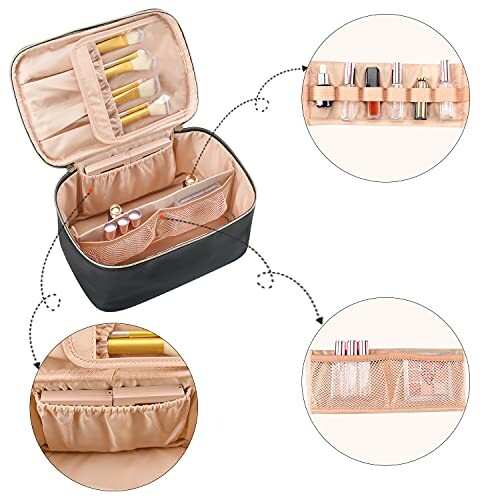 Open makeup organizer case with compartments and brushes.