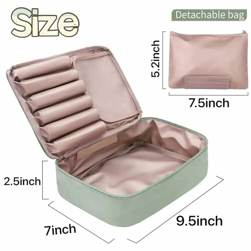 Makeup organizer case with detachable bag and dimensions.