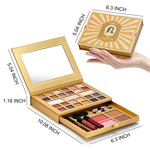 Makeup palette set with brushes and mirror, dimensions labeled.