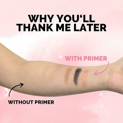 Comparison of makeup swatches with and without primer on an arm.