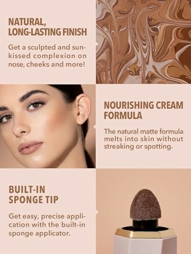 Makeup product benefits with model and sponge applicator.