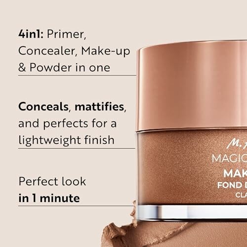 Makeup product description highlighting features such as 4-in-1 use, conceals, mattifies, perfects for lightweight finish.