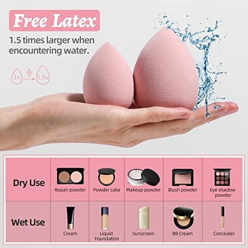 Two pink makeup sponges with water and product usage chart.