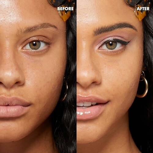 Side-by-side image showing before and after makeup application on a woman's face.