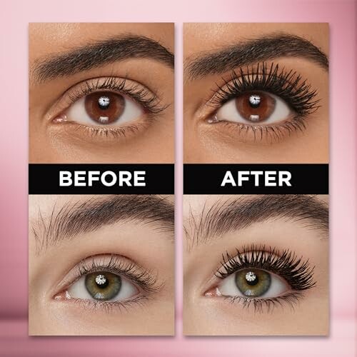 Before and after mascara application comparison on eyes.