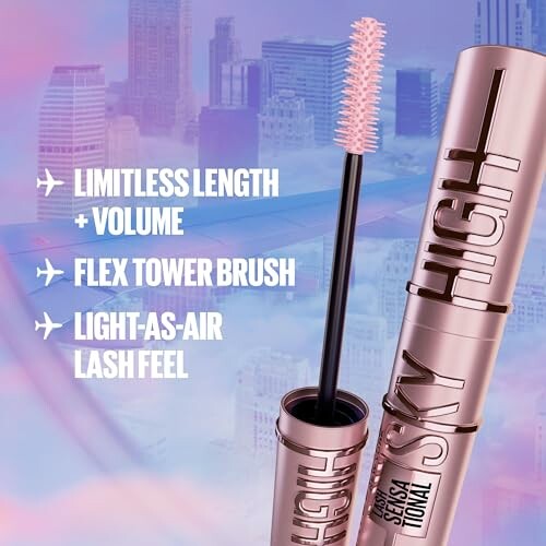 Mascara advertisement with product features: limitless length, flex tower brush, light lash feel.