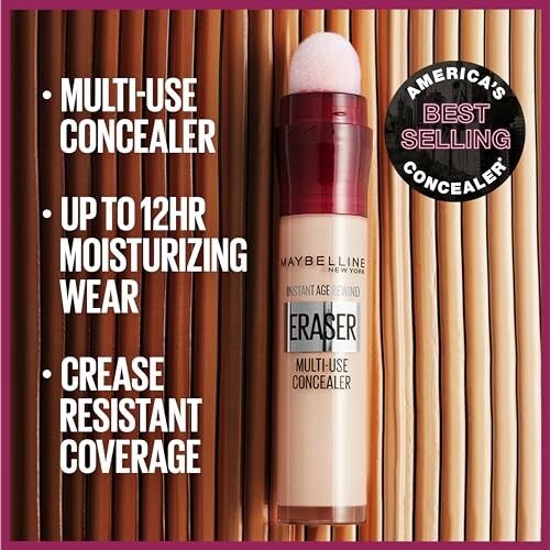 Maybelline Instant Age Rewind Eraser multi-use concealer with claims of 12-hour moisturizing wear and crease-resistant coverage.