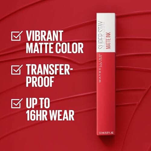 Maybelline Super Stay Matte Ink lipstick on red background highlighting vibrant matte color.