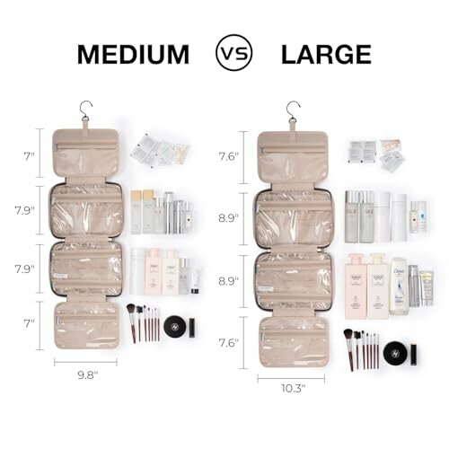 Comparison of medium and large hanging toiletry bags with contents displayed.