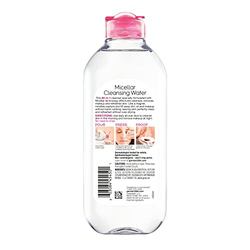 Back view of a micellar cleansing water bottle with instructions.