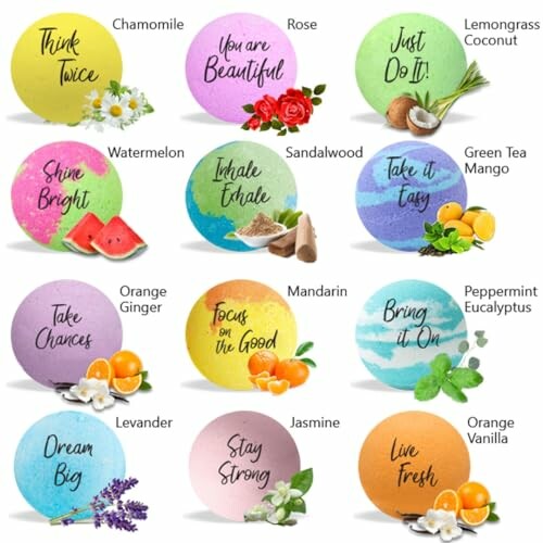 Colorful circles with motivational quotes and aromatherapy themes.