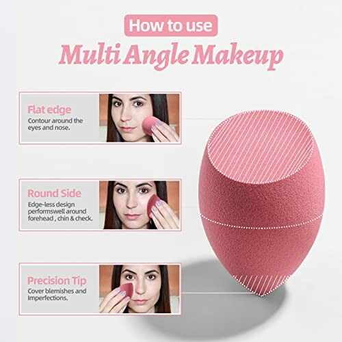 Guide on using a multi-angle makeup sponge with flat edge, round side, and precision tip.