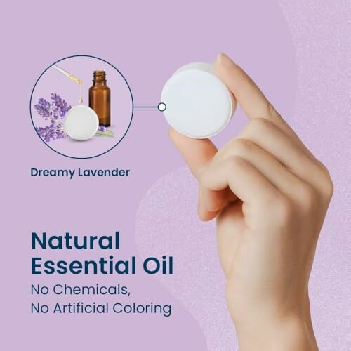 Hand holding container with natural essential oil and lavender illustration.