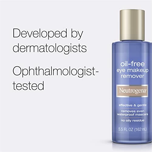 Neutrogena oil-free eye makeup remover bottle with text about dermatologist and ophthalmologist testing.