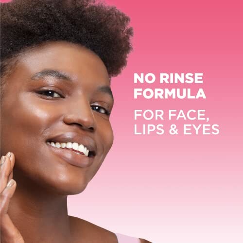 Smiling person promoting no rinse formula for face, lips, and eyes.