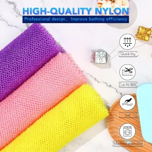 Colorful nylon bath sponges with benefits like quick dry and machine washable.