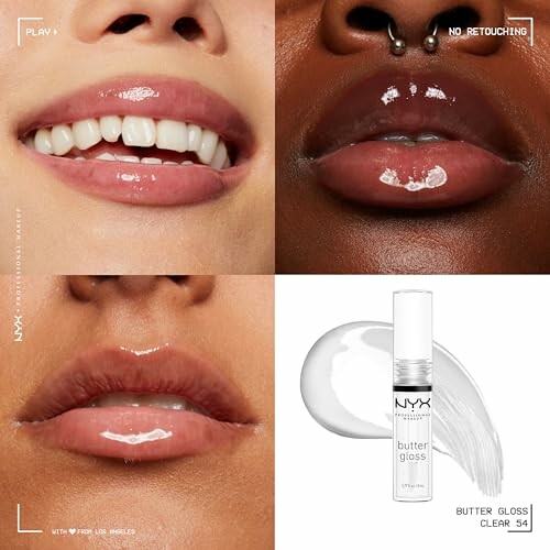 Four images showing glossy lips and NYX butter gloss product.