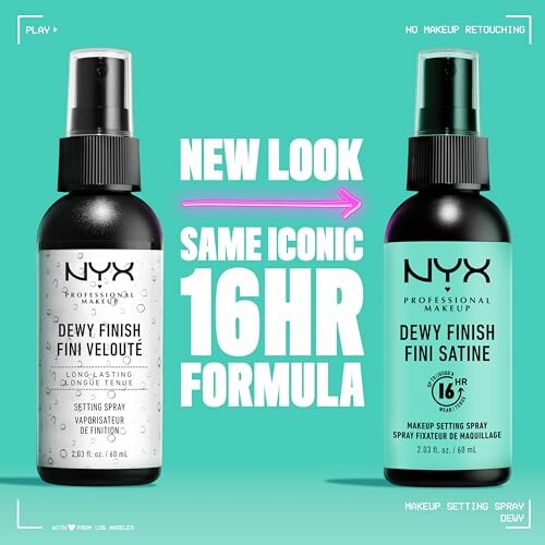 NYX Dewy Finish Setting Spray advertisement with new look and formula.