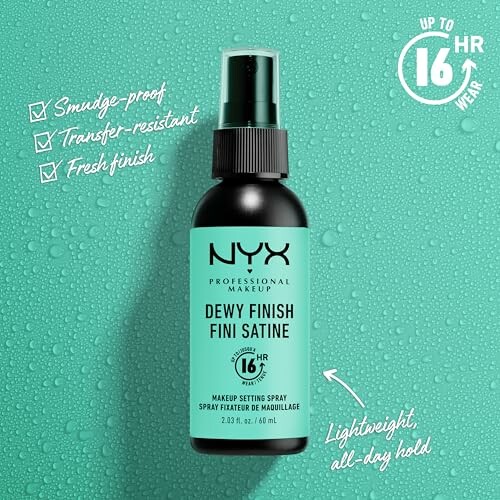 NYX Dewy Finish Setting Spray bottle with water droplets and features listed.