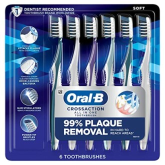 Pack of six Oral-B CrossAction toothbrushes with 99% plaque removal claim.