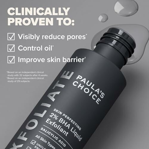 Paula's Choice exfoliant with benefits of reducing pores, controlling oil, and improving skin barrier.