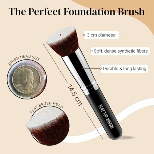 Flat top kabuki foundation brush with dimensions and features.