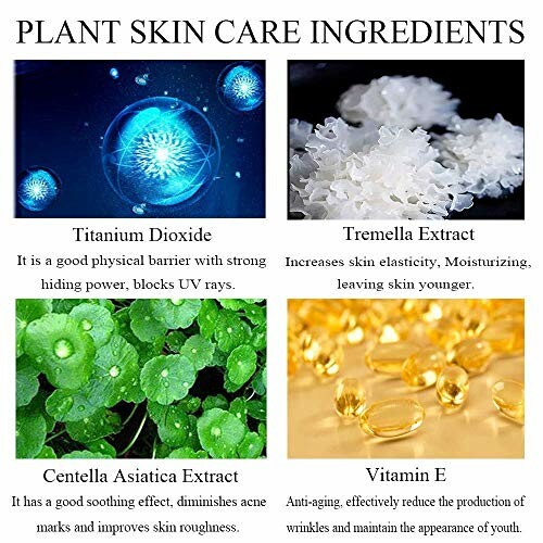 Four plant skin care ingredients: Titanium Dioxide, Tremella Extract, Centella Asiatica Extract, Vitamin E.