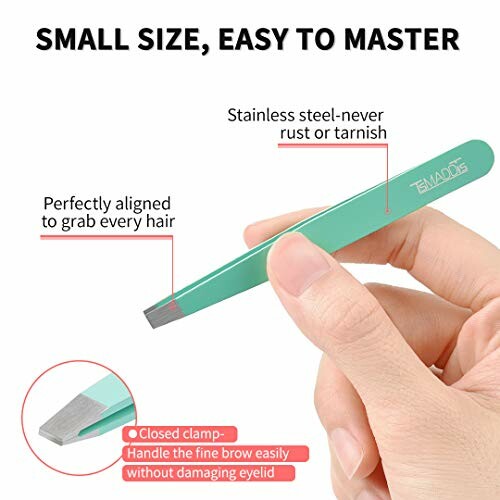 Hand holding precision tweezers with stainless steel tips.