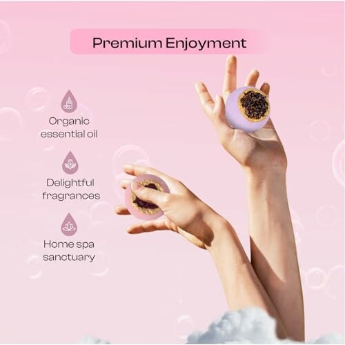 Hands holding bath bombs with text about organic essential oils and spa benefits.