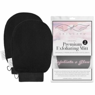 Two black exfoliating mitts with packaging.