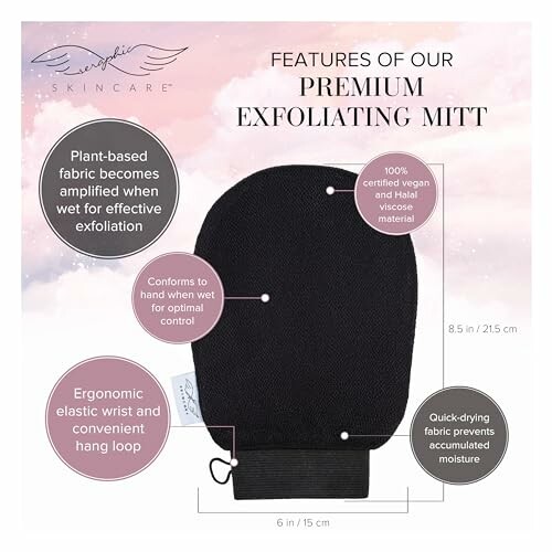 Features of a premium exfoliating mitt with plant-based fabric.