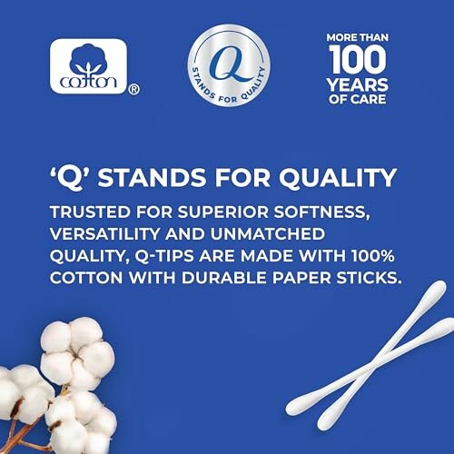 Q-tips promotional image highlighting quality and 100% cotton composition.