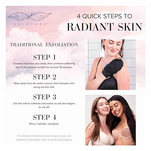 Guide for radiant skin with steps for traditional exfoliation.