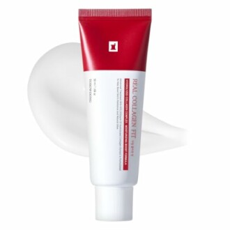 Red and white tube of Real Collagen Fit cream.