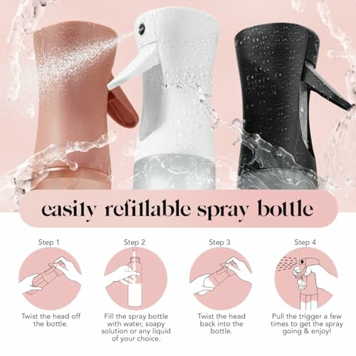 Three refillable spray bottles with instructions for use.