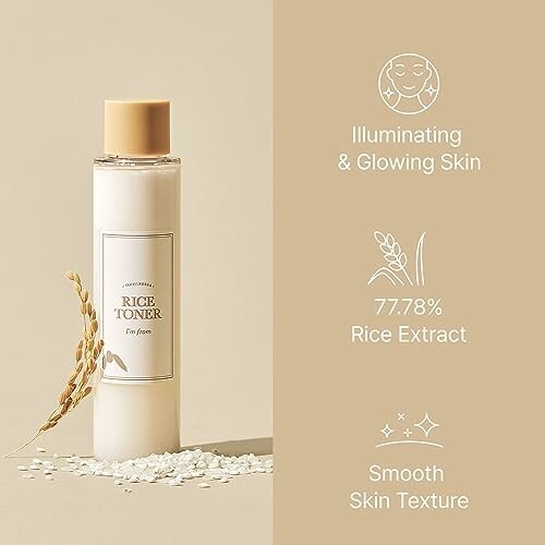 Rice toner bottle with benefits and rice extract illustration.