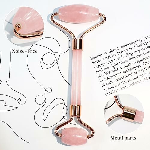 Rose quartz face roller with metal parts and noise-free design.