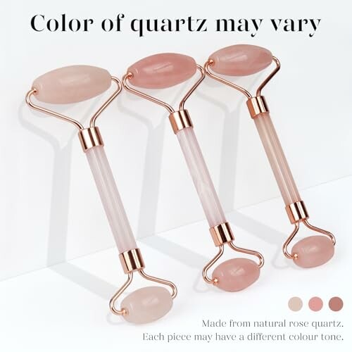 Three rose quartz facial rollers with text about color variation.