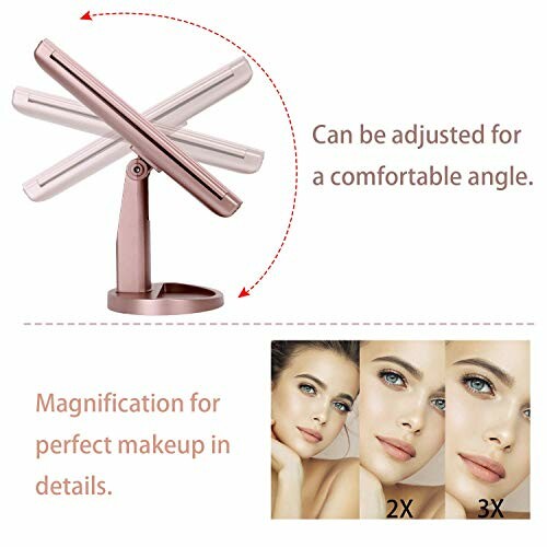 Adjustable rotating makeup mirror with magnification options.