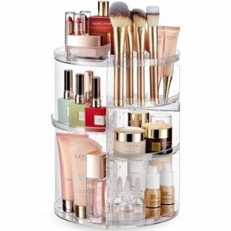 Rotating makeup organizer with cosmetics and brushes