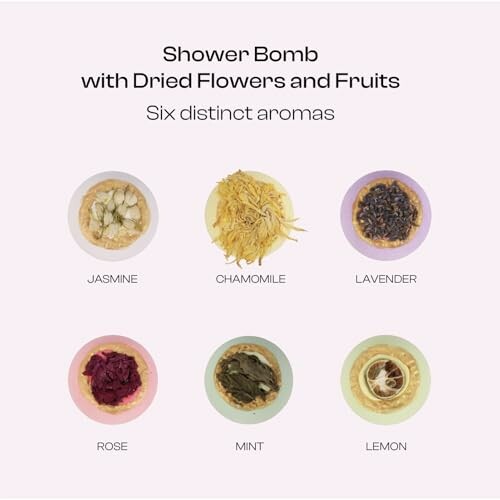 Six shower bombs with dried flowers and fruits: jasmine, chamomile, lavender, rose, mint, lemon.