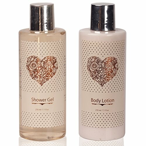 Shower gel and body lotion bottles with heart design