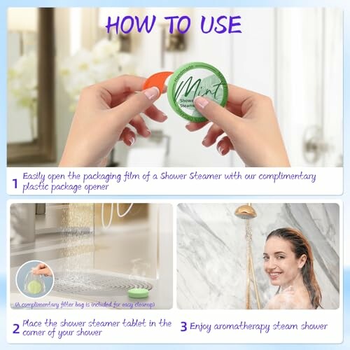 Instructions for using a shower steamer with images of hands opening a packet, placing it in a shower, and a person enjoying a steam shower.