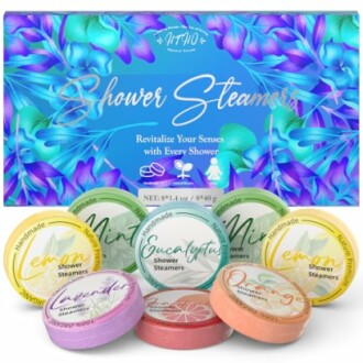 Colorful shower steamers set with eucalyptus, mint, lavender, lemon, and orange scents.