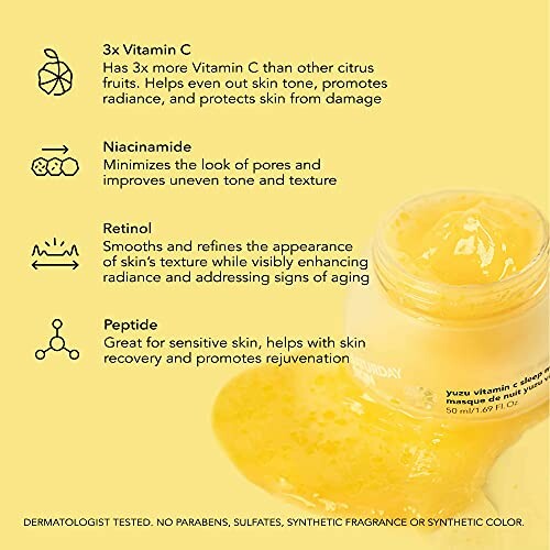 Infographic detailing skincare benefits of vitamin C, niacinamide, retinol, and peptide.