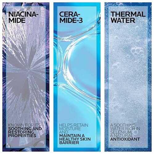 Comparison of Niacinamide, Ceramide-3, and Thermal Water benefits.