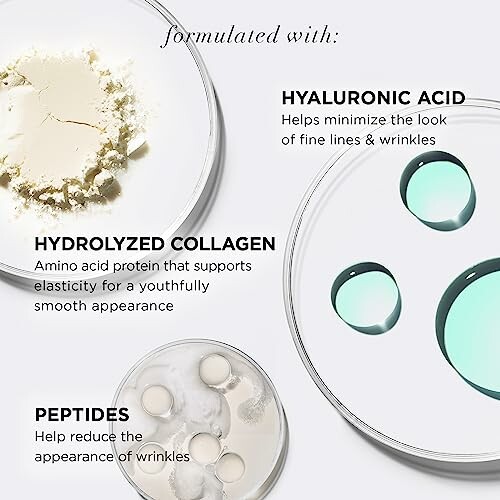 Skincare ingredients: hyaluronic acid, hydrolyzed collagen, peptides.