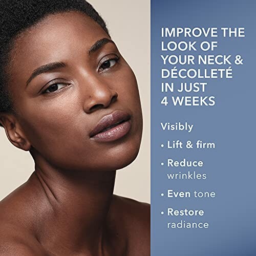 Woman promoting neck and décolleté skincare benefits in 4 weeks.