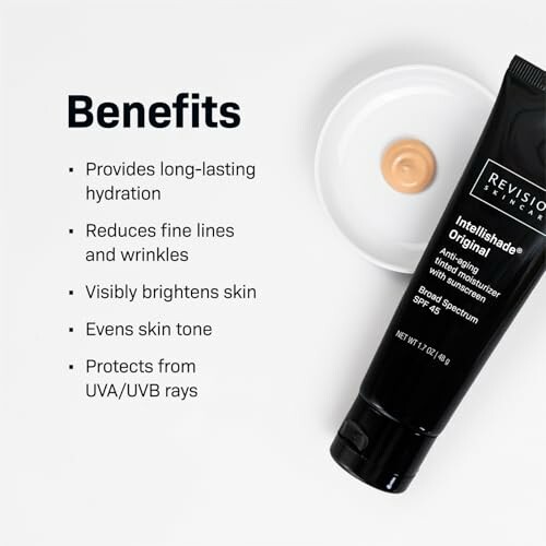 Skincare product with benefits listed, including hydration and UV protection.