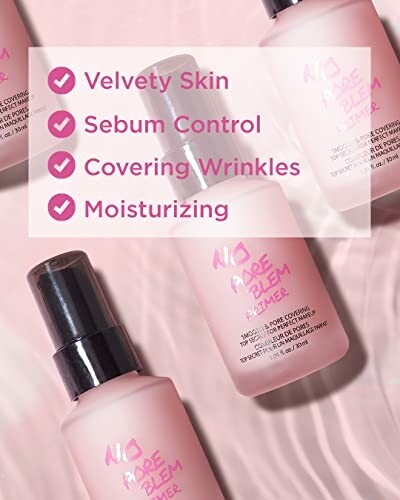 Pink skincare bottles with benefits listed: velvety skin, sebum control, covering wrinkles, moisturizing